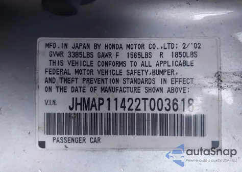 2002 Honda S2000 z USA, uszkodzony, nr VIN JHMAP11422T003618